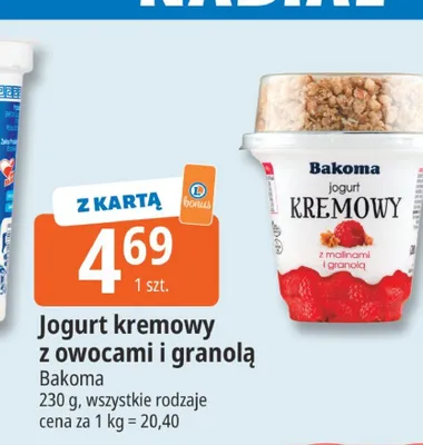 Jogurt kremowy z owocami i granulą Bakoma promocja w Leclerc