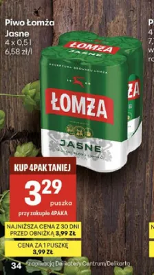 Piwo Łomża Jasne 4-pak 500 ml promocja w Delikatesy Centrum
