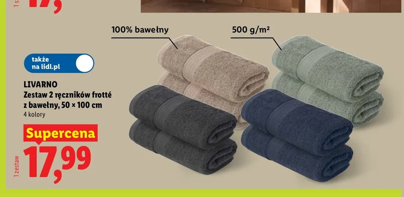 Zestaw 2 ręczników frotté z bawełny LIVARNO 50x100 cm promocja w Lidl