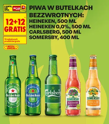 Piwo Heineken, Carlsberg, Somersby 12+12 GRATIS promocja w Biedronka
