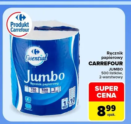 Ręcznik papierowy Carrefour Jumbo 500 listków 2-warstwowy promocja w Carrefour