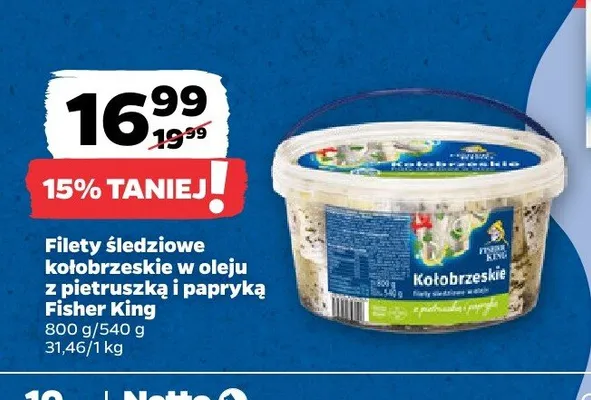 Filety śledziowe kołobrzeskie w oleju z pietruszką i papryką Fisher King promocja w Netto