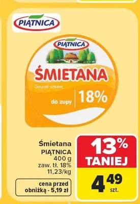 Śmietana Piątnica 18% promocja w Carrefour
