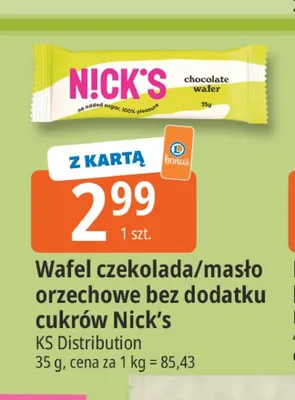 Wafel czekoladowy bez dodatku cukrów Nick's KS Distribution promocja w Leclerc