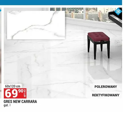 Gres New Carrara polerowany rektyfikowany 60x120 cm gat. I promocja w Merkury Market