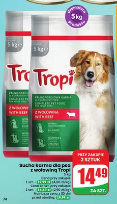 Karma dla psa wołowina + kurczak Tropi promocja w Dino