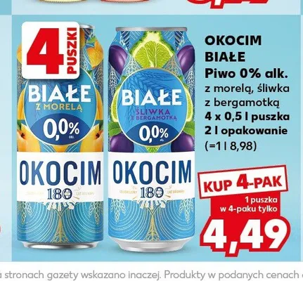 Piwo bezalkoholowe Okocim Białe 0% śliwka z bergamotką 4-pak 500ml promocja w Kaufland