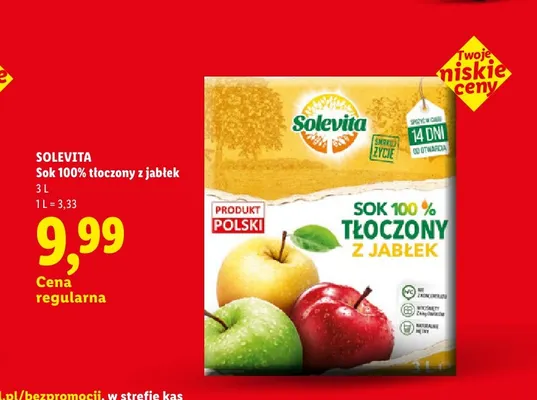 Sok 100% tłoczony z jabłek Solevita promocja w Lidl