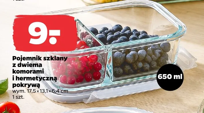 Pojemnik szklany z dwiema komorami i hermetyczną pokrywą Fresh 650 ml promocja w Netto