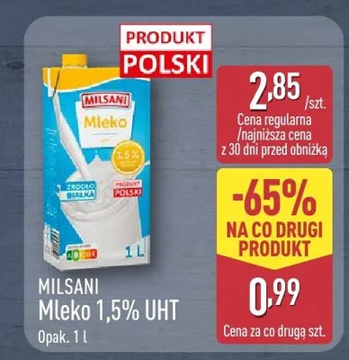 Mleko 1,5% UHT Milsani promocja w Aldi