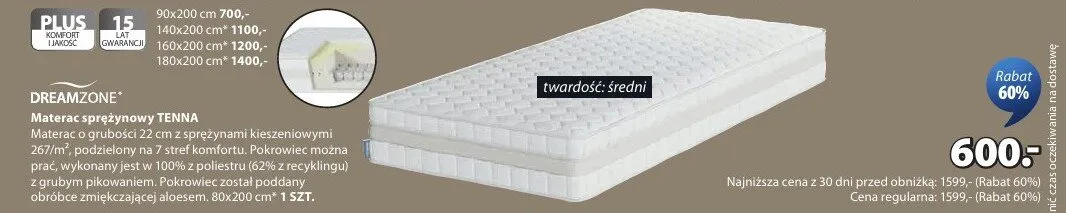 Materac sprężynowy Tenna o grubości 22cm z sprężynami kieszeniowymi, pokrowiec można prać, wykonany jest w 100% z poliestru z grubym pikowaniem 80x200cm promocja w Jysk