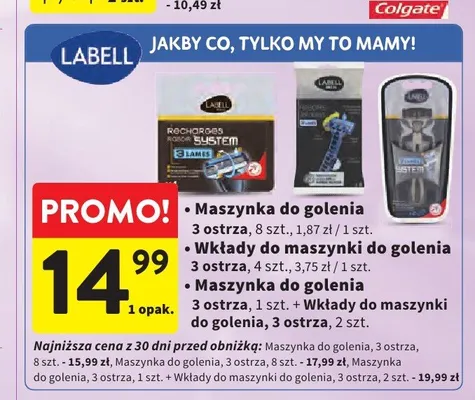 Zestaw maszynka do golenia 3 ostrza 1 sztuka i wkłady do maszynki 3 ostrza 2 sztuki Labell promocja w Intermarche
