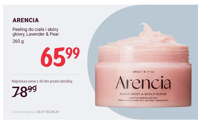 Peeling do ciała i skóry głowy Arencia Lavender & Pear promocja w Rossmann