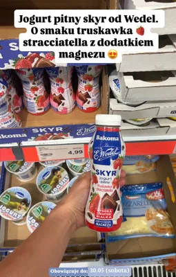 Jogurt pitny Skyr truskawka stracciatella z dodatkiem magnezu Bakoma & E.Wedel promocja w Aldi