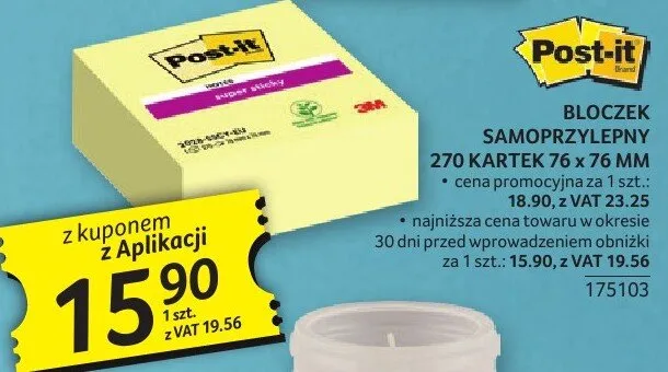 Bloczek BLOCZEK SAMOPRZYLEPNY 270 KARTEK 76 x 76 MM POST-IT 175103 promocja w Selgros