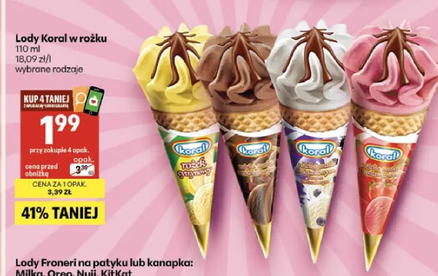 Lody w rożku Koral truskawkowy promocja w Delikatesy Centrum