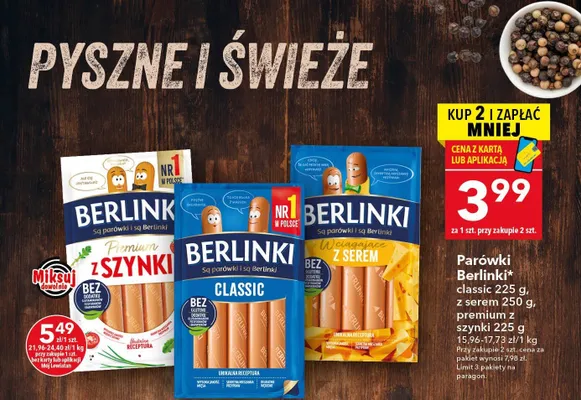 Parówki Berlinki classic, z serem, premium z szynki promocja w LEWIATAN