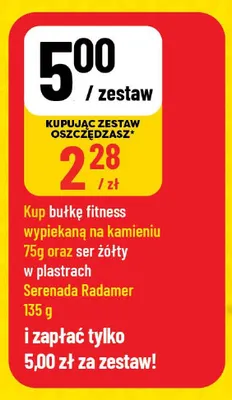 Zestaw: Bułka fitness wypiekana na kamieniu 75g oraz ser żółty w plastrach Serenada Radamer 135g promocja w POLOmarket