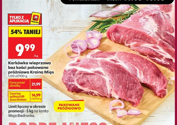 Karkówka wieprzowa bez kości pakowana próżniowo Kraina Mięs promocja w Biedronka