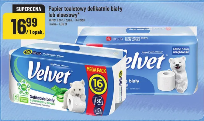Papier toaletowy delikatnie biały lub aloesowy Velvet Care, 1 opak. - 16 rolek 1 rolka - 1,06 zł promocja w POLOmarket