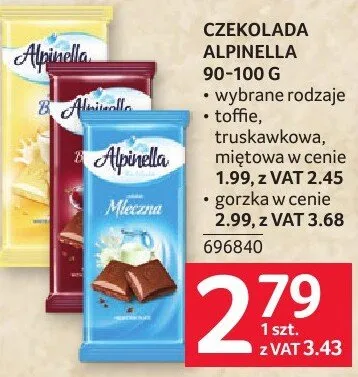 Czekolada Alpinella 90-100 g wybrane rodzaje toffie, truskawkowa, miętowa promocja w Selgros