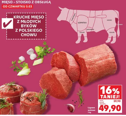 Mięso kruche z młodych byków z polskiego chowu ligawa wołowa promocja w Kaufland