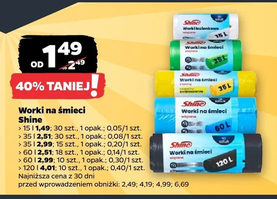 Worki na śmieci wiązane Shine 60 l promocja w Netto