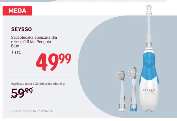Szczoteczka soniczna dla dzieci SEYSSO 0-3 lat Penguin Blue promocja w Rossmann