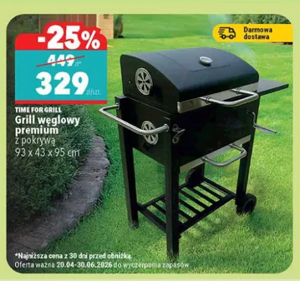Grill węglowy premium z pokrywą TIME FOR GRILL 93x43x95cm promocja w Biedronka