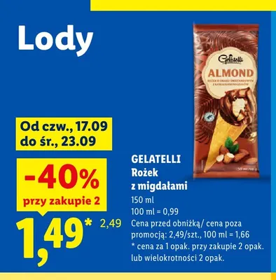 Lody rożek z migdałami Gelatelli Almond promocja w Lidl