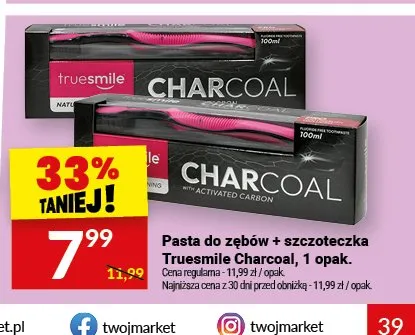 Pasta do zębów + szczoteczka Truesmile Charcoal promocja w Twój Market
