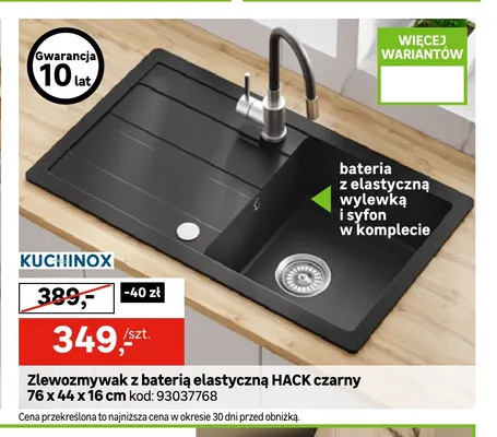 Zlewozmywak z baterią elastyczną Hack czarny 76x44x16 cm Kuchinox promocja w Leroy Merlin