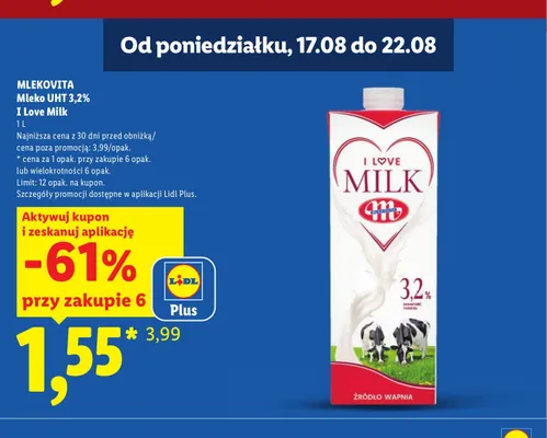 Mleko UHT I Love Milk Mlekovita 3,2% promocja w Lidl