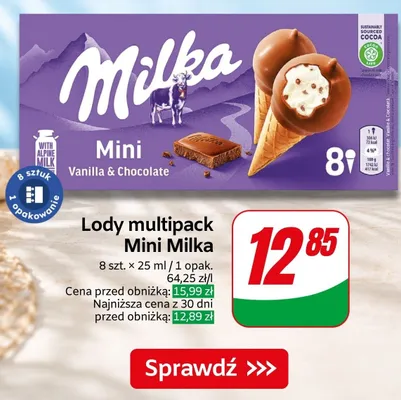 Lody Mini Milka Vanilla & Chocolate 8-pak promocja w Dino