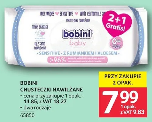 Chusteczki nawilżane Bobini baby 2+1 gratis promocja w Selgros