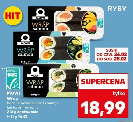 Wrap łosoś i awokado, łosoś i mango lub łosoś i wakame promocja w Kaufland