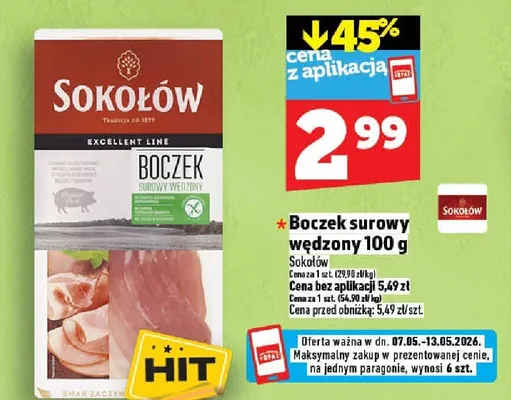 Boczek surowy wędzony Sokołów Excellent Line promocja w TOPAZ