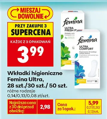 Wkładki higieniczne Ultra, różne rodzaje promocja w Biedronka