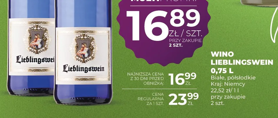 Wino Lieblingswein białe, półsłodkie promocja w Duży Ben