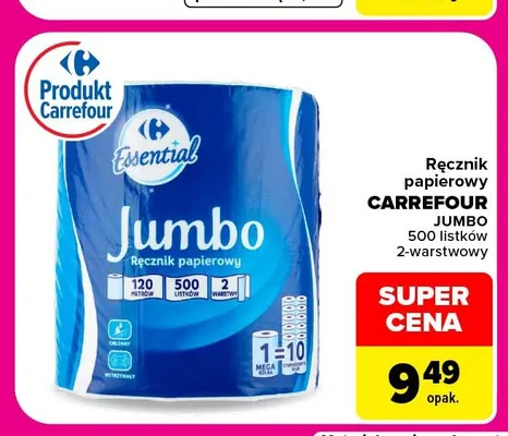 Ręcznik papierowy Carrefour Jumbo 500 listków 2-warstwowy promocja w Carrefour