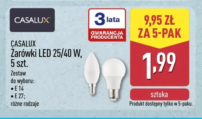 Żarówki LED E27 5-pak Casalux promocja w Aldi