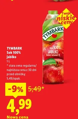 Sok jabłko Tymbark 100% promocja w Lidl