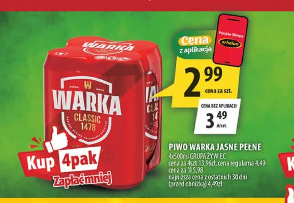 Piwo Warka Jasne Pełne 4-pak 500ml promocja w Arhelan