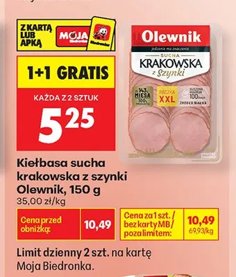 Kiełbasa sucha krakowska z szynki Olewnik promocja w Biedronka