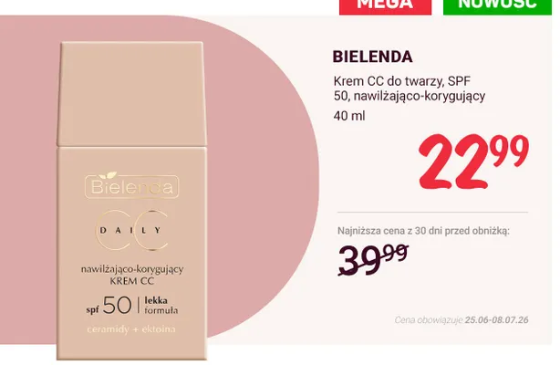 Krem CC do twarzy Bielenda SPF 50 nawilżająco-korygujący promocja w Rossmann