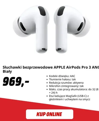 Słuchawki bezprzewodowe Apple AirPods Pro 3 Anc biały promocja w Media Markt