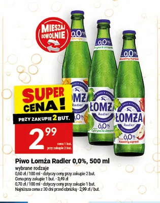Piwo bezalkoholowe Łomża Radler Mango promocja w Twój Market