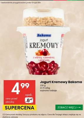 Jogurt Kremowy Bakoma z wiśnią czereśnią i granolą promocja w Delikatesy Centrum