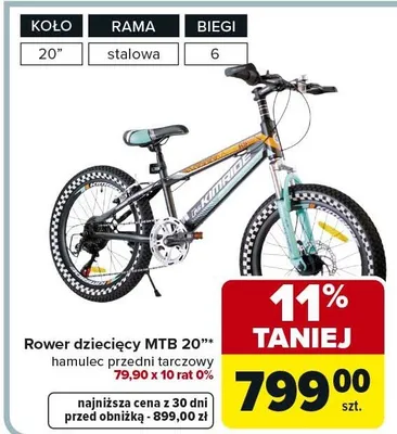 Rower dziecięcy MTB 20" hamulec przedni tarczowy promocja w Carrefour
