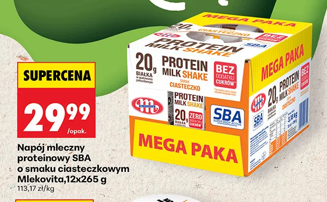 Napój mleczny proteinowy SBA o smaku ciasteczkowym 12-pak Mlekovita promocja w Biedronka